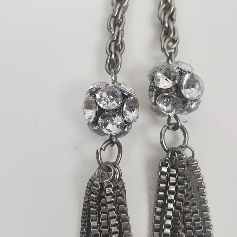 Vintage Silver Tone Rope Chain Box Tassel Round Clear Ball Lariat Opera Necklace